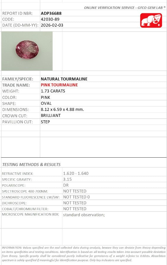 1.73 Ct Natural Pink Tourmaline | Oval Cut | GFCO Certified Pink Tourmaline-Saleh Sallom