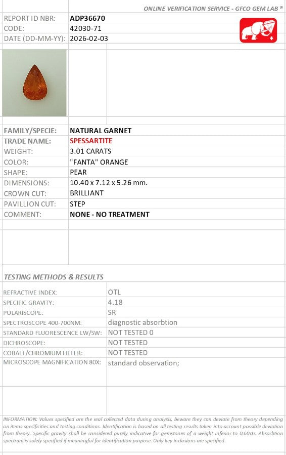3.01 Ct Natural Spessartite Garnet | "Fanta" Orange Pear Cut | No Treatment-Saleh Sallom