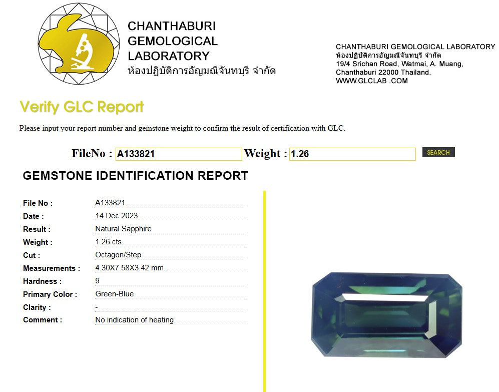 1.26 Ct Natural Green-Blue Sapphire | No Indication of Heating | Emerald Cut Sapphire-Saleh Sallom