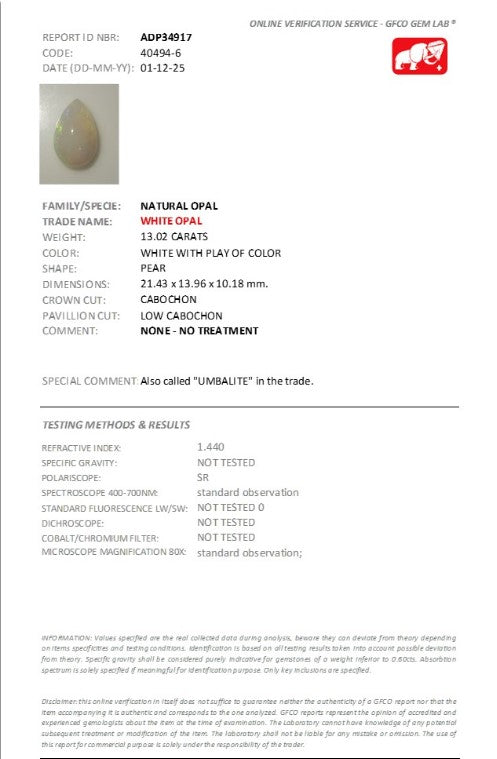 13.02 Ct Natural White Opal Cabochon | Untreated White Opal with Play-of-Color | Pear Cut-Saleh Sallom