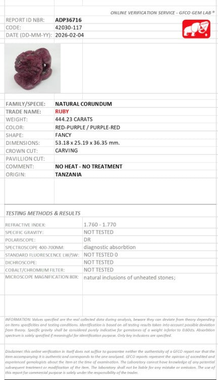 444.23 Ct Natural Ruby Lion Carving | Hand-Carved Unheated Ruby Sculpture | Tanzania Origin-Saleh Sallom