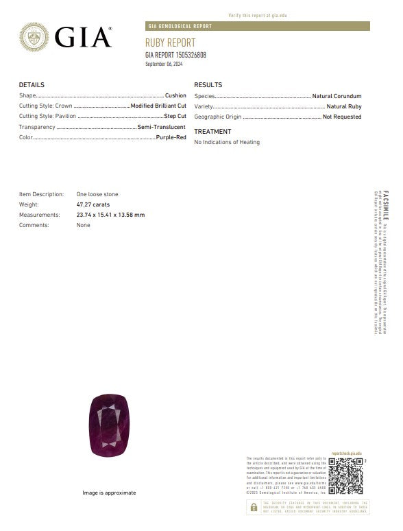 47.27 Ct Natural Unheated Ruby | GIA Certified Purple-Red Ruby | Collector Cushion Cut Gemstone