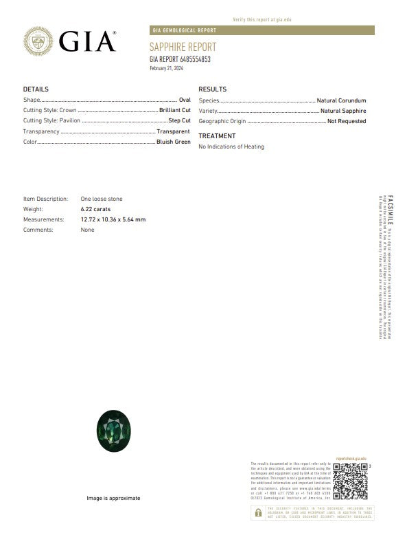 6.22 Ct Natural Unheated Bluish Green Sapphire | GIA Certified Sapphire | Collector Oval Cut Gemstone