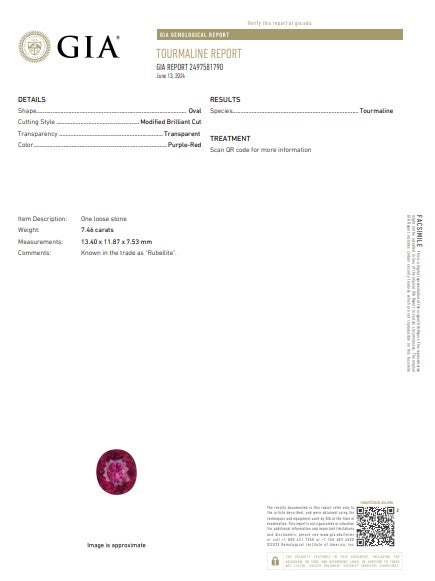 7.46 Ct Natural Rubellite Tourmaline | GIA Certified Purple-Red Tourmaline | Fine Oval Cut Gemstone
