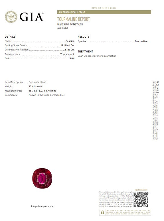 17.41 Ct Natural Rubellite Tourmaline | GIA Certified Red Tourmaline | Large Cushion Cut Collector Gemstone