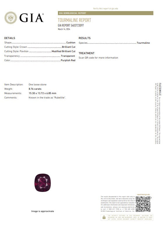 8.76 Ct Natural Rubellite Tourmaline | GIA Certified Purplish Red Tourmaline | Cushion Cut Collector Gemstone