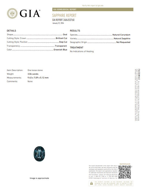 3.06 Ct Natural Unheated Greenish Blue Sapphire | GIA Certified Sapphire | Oval Cut Collector Gemstone