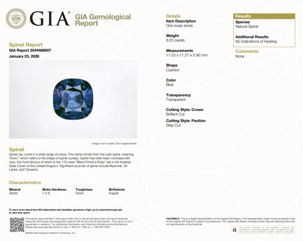6.25 Ct Natural Unheated Blue Spinel | GIA Certified Blue Spinel | Cushion Cut Collector Gemstone
