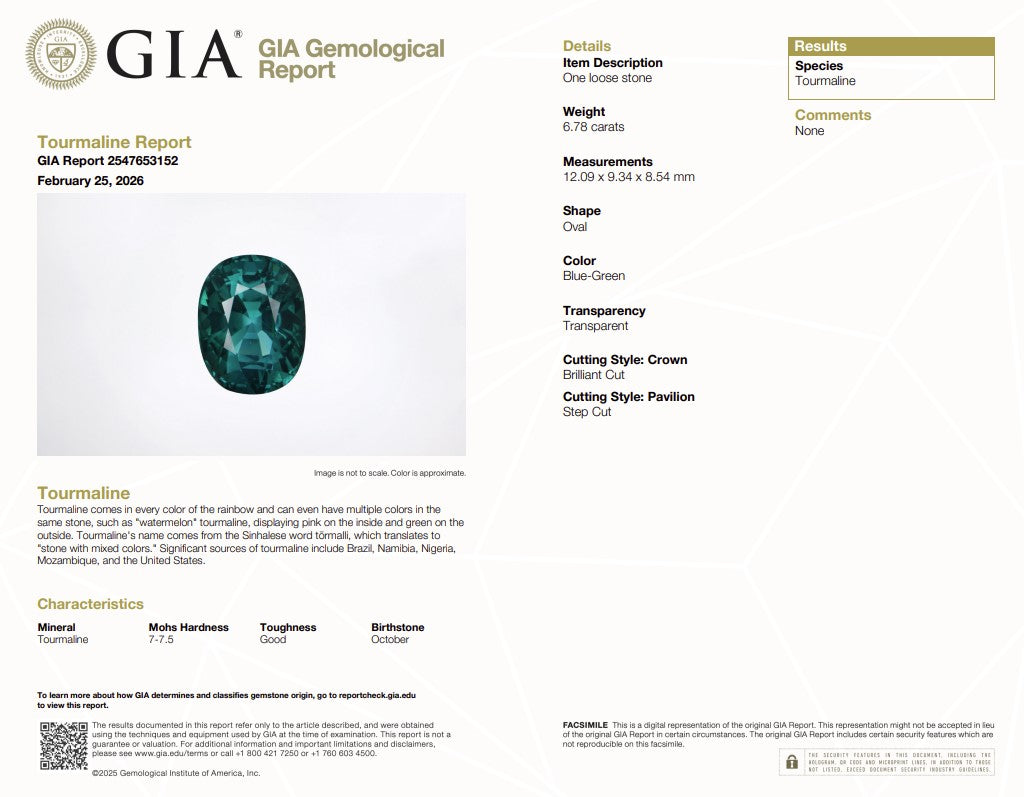 6.78 Ct Natural Blue-Green Tourmaline | GIA Certified Transparent Tourmaline | Luxury Oval Cut Gemstone