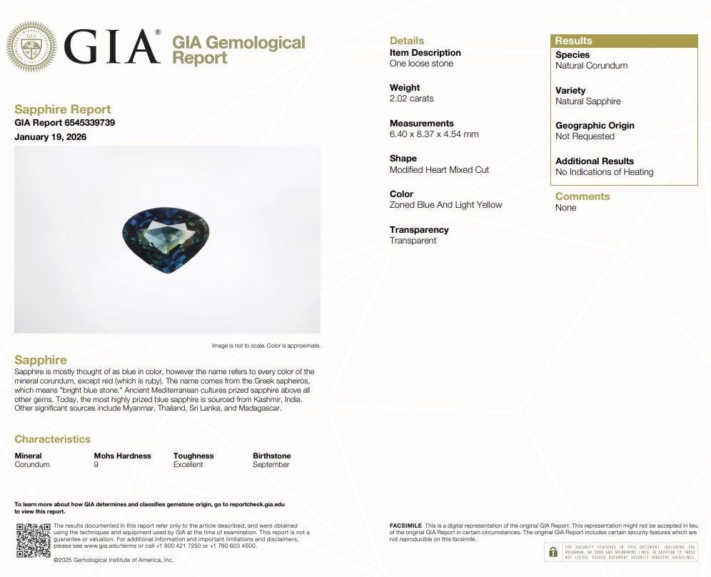 2.02 Ct Natural Unheated Sapphire | GIA Certified Zoned Blue and Light Yellow Sapphire | Modified Heart Mixed Cut Collector Gemstone