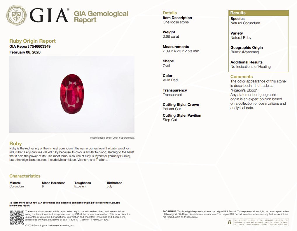 0.68 Ct Natural Unheated Burma Ruby | GIA Certified Pigeon’s Blood Ruby | Vivid Red Oval Collector Gemstone