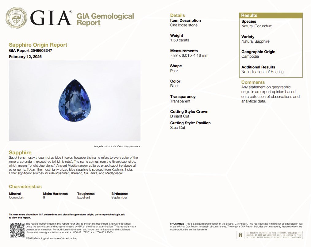 1.50 Ct Natural Unheated Cambodia Blue Sapphire | GIA Certified Pear Cut Sapphire | Collector Fine Gemstone