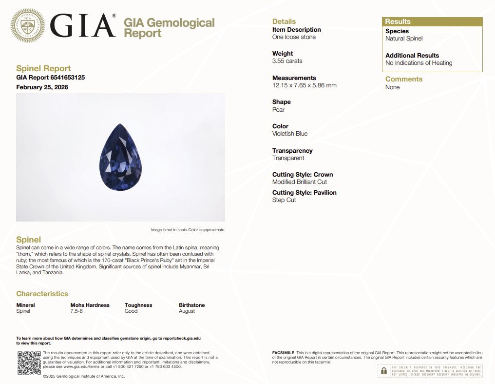 3.55 Ct Natural Unheated Violetish Blue Spinel | GIA Certified Pear Cut Spinel | Collector Gemstone