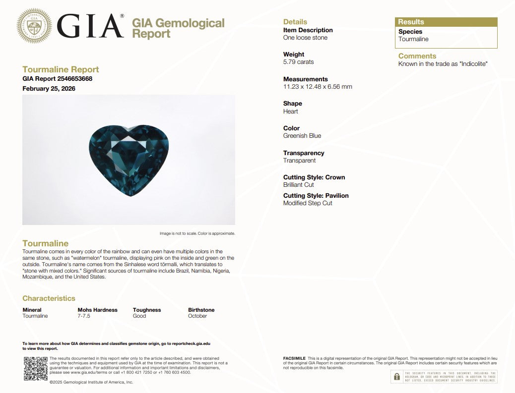 5.79 Ct Natural Indicolite Tourmaline | GIA Certified Greenish Blue Tourmaline | Heart Cut Collector Gemstone