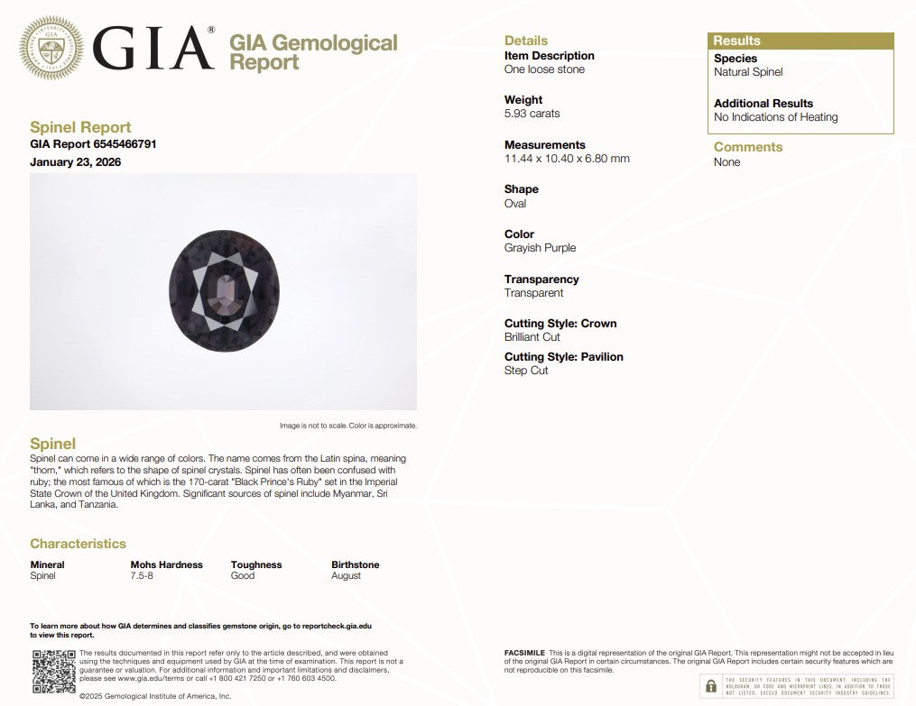 5.93 Ct Natural Unheated Grayish Purple Spinel | GIA Certified Oval Cut Spinel | Collector Gemstone