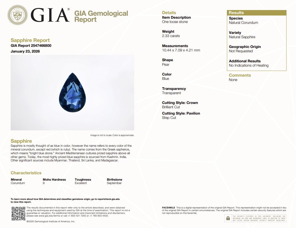 2.33 Ct Natural Unheated Blue Sapphire | GIA Certified Pear Cut Sapphire | Fine Collector Gemstone