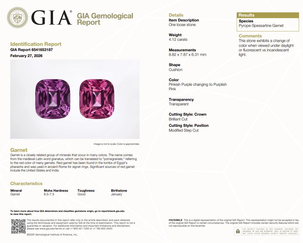4.12 Ct Natural Color-Change Pyrope-Spessartine Garnet | GIA Certified Cushion Cut Garnet | Collector Gemstone