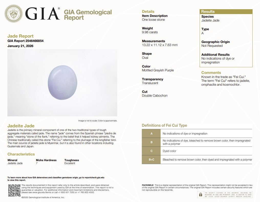 9.98 Ct Natural Fei Cui Jadeite Jade | GIA Certified Mottled Grayish Purple Jadeite | Fine Collector Cabochon Gemstone
