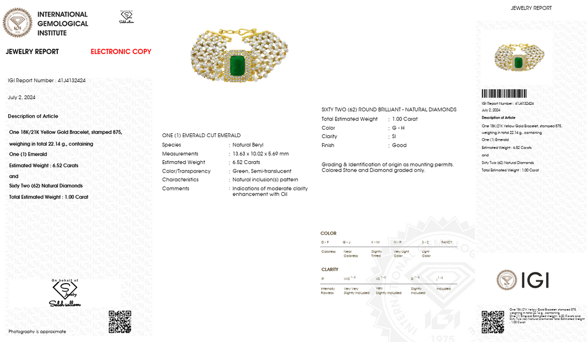 Natural Emerald, Diamond & Pearl Multi-Strand Bracelet | 18K Yellow Gold | 6.52 CT Emerald | 1.00 CT Natural Diamonds | IGI Certified