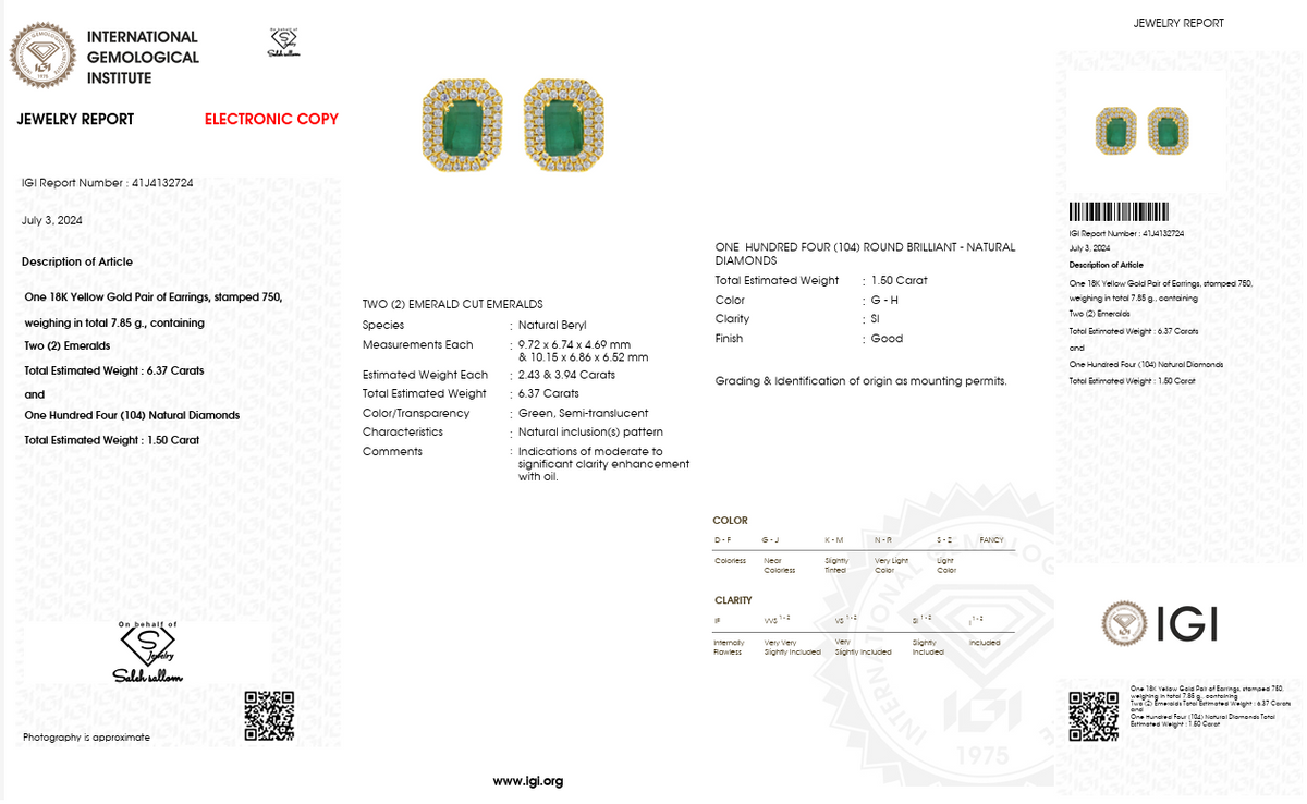 Natural Emerald & Diamond Halo Stud Earrings | 18K Yellow Gold | 6.37 CT Natural Emerald | 1.50 CT Natural Diamonds | IGI Certified