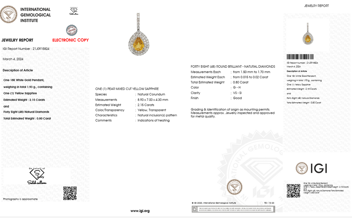 Natural Yellow Sapphire & Diamond Halo Pendant in 18K White Gold | 2.15 CT Yellow Sapphire | 0.80 CT Natural Diamonds