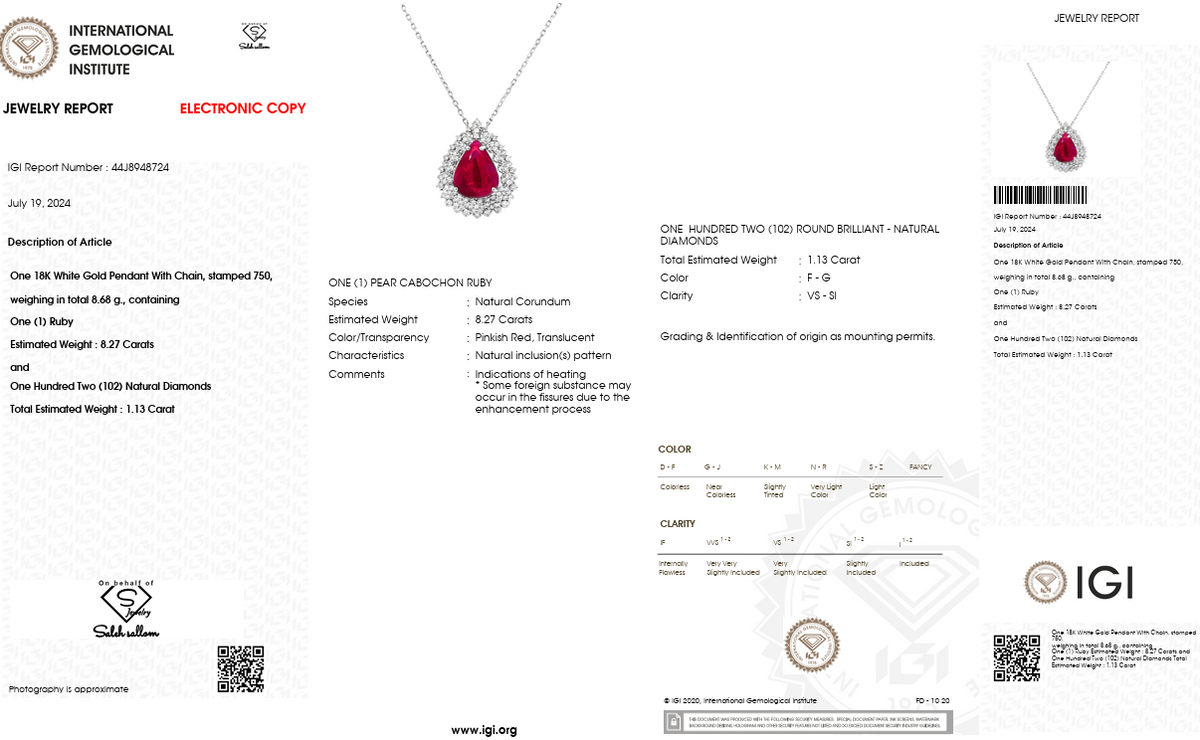 Natural Ruby Cabochon & Diamond Halo Pendant in 18K White Gold | 1.13 CT Natural Diamonds | IGI Certified