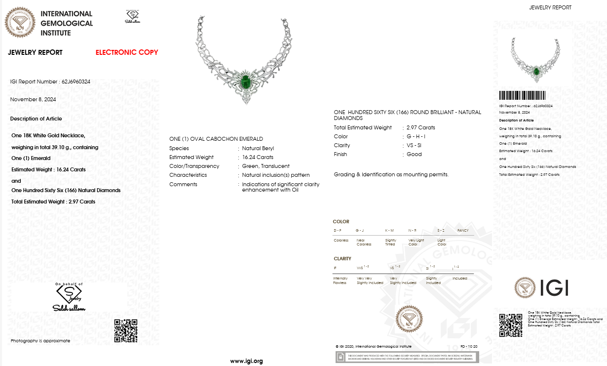 Natural Emerald & 2.97 CT Diamond Statement Necklace in 18K White Gold Secondary image