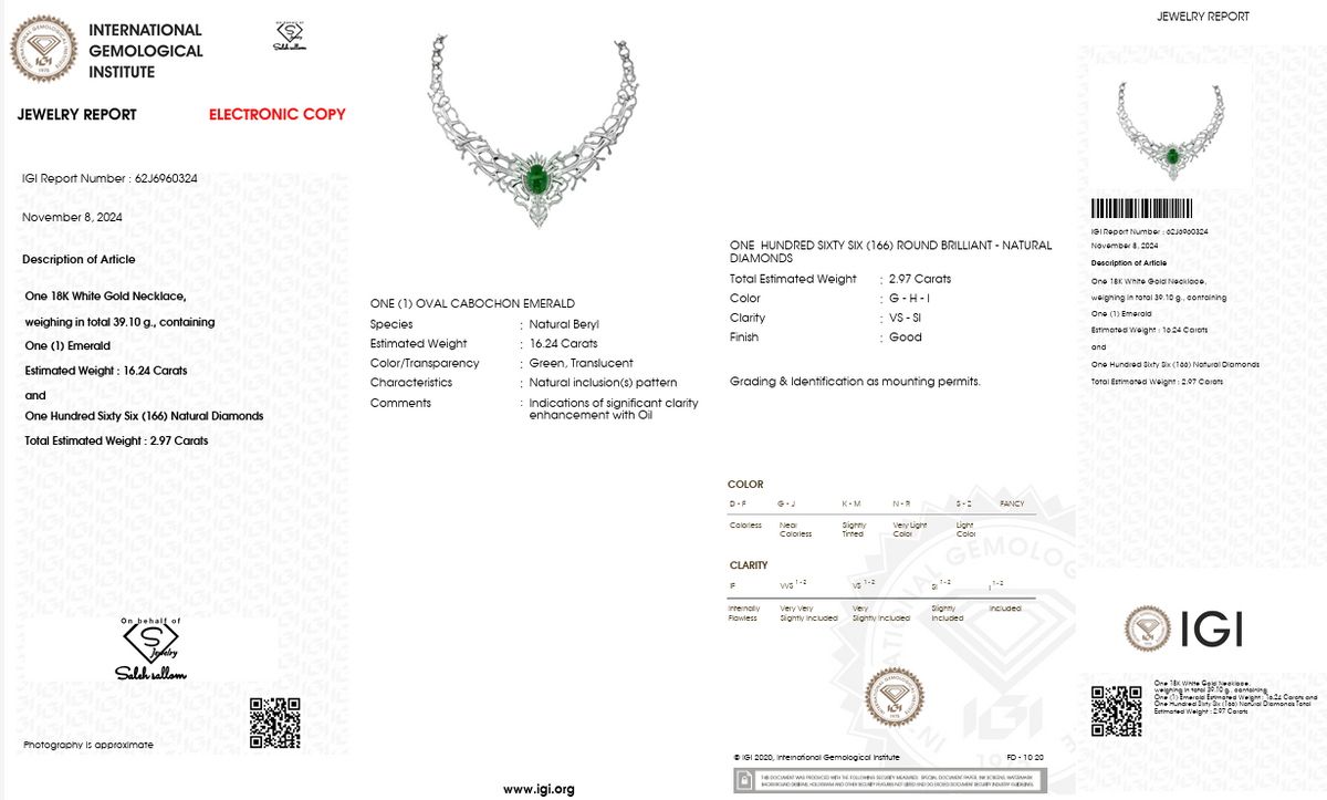 Natural Emerald & 2.97 CT Diamond Statement Necklace in 18K White Gold