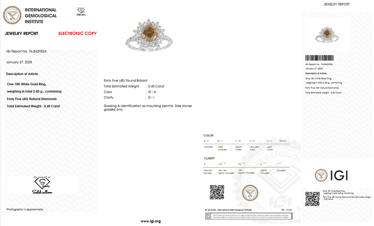 Natural Diamond Vintage Halo Ring | 1.25 CT Center Diamond | 1.65 CT Natural Diamonds | 18K White Gold | IGI Certified | Saleh Sallom