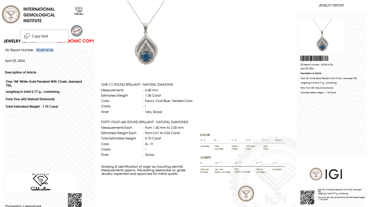 Natural Blue Sapphire & Diamond Teardrop Pendant Necklace in 18K White Gold | 0.70 CT Natural Diamonds | 1.05 CT Blue Sapphire Secondary image