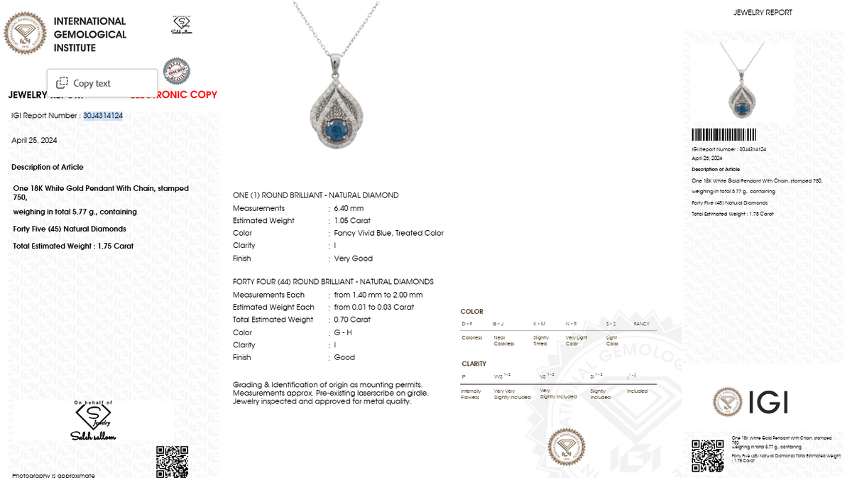 Natural Blue Sapphire & Diamond Teardrop Pendant Necklace in 18K White Gold | 0.70 CT Natural Diamonds | 1.05 CT Blue Sapphire