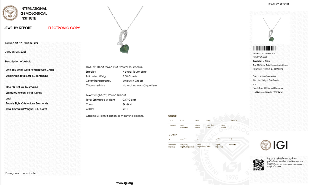 Natural Green Tourmaline & Diamond Heart Pendant Necklace | 5.08 CT Green Tourmaline | 0.47 CT Natural Diamonds | 18K White Gold | Saleh Sallom Jewelry