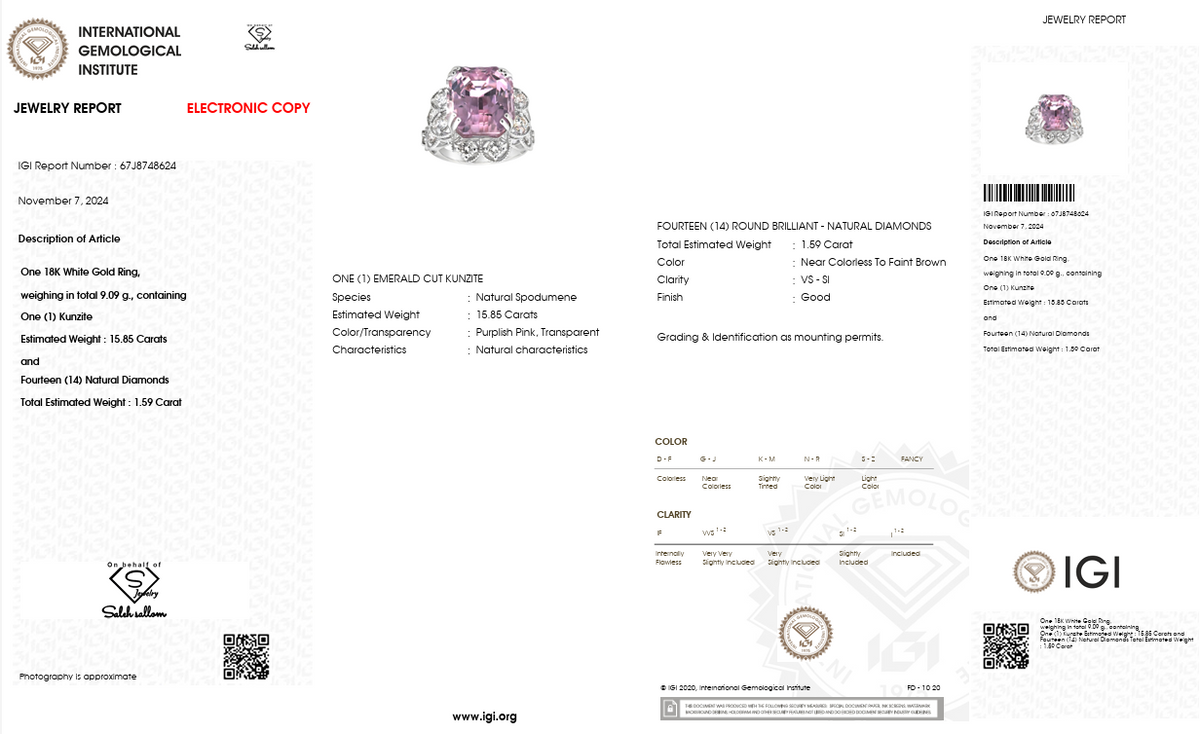 Natural Emerald-Cut Kunzite & Diamond Statement Ring | 15.85 CT Natural Kunzite | 1.59 CT Natural Diamonds | 18K White Gold | IGI Certified | Saleh Sallom