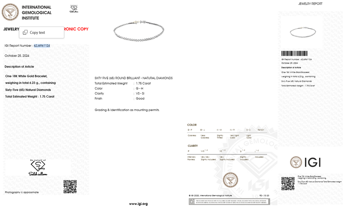 Natural Diamond Tennis Bracelet | 1.75 CT Natural Diamonds | IGI Certified | 18K White Gold | Saleh Sallom Jewelry