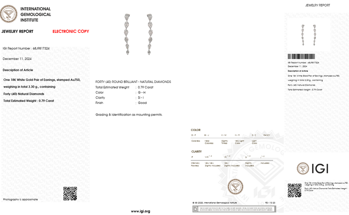 IGI Certified Natural Diamond Drop Earrings | 0.79 CT Natural Diamonds | 18K White Gold | Saleh Sallom Jewelry