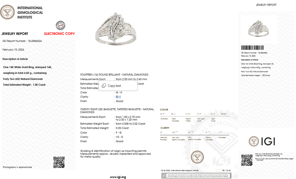 Natural Diamond Statement Ring | 1.00 CT Natural Diamonds | 18K White Gold | IGI Certified | Saleh Sallom Jewelry