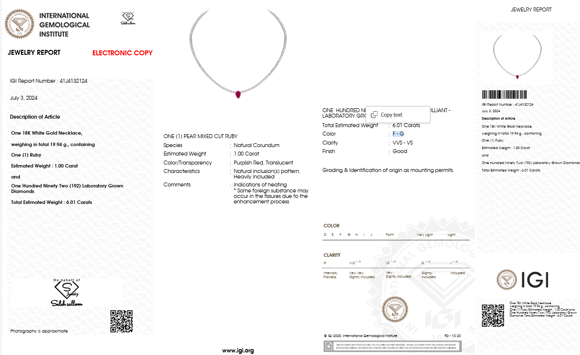 Ruby & Lab-Grown Diamond Tennis Necklace | 1.00 CT Ruby | 6.01 CT Lab-Grown Diamonds | 18K White Gold | IGI Certified | Saleh Sallom Jewelry
