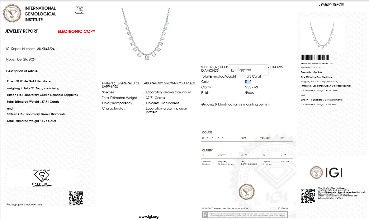 Lab-Grown Diamond Emerald-Cut Statement Necklace | 39.46 CT Total Diamonds | 18K White Gold | IGI Certified | Saleh Sallom Jewelry