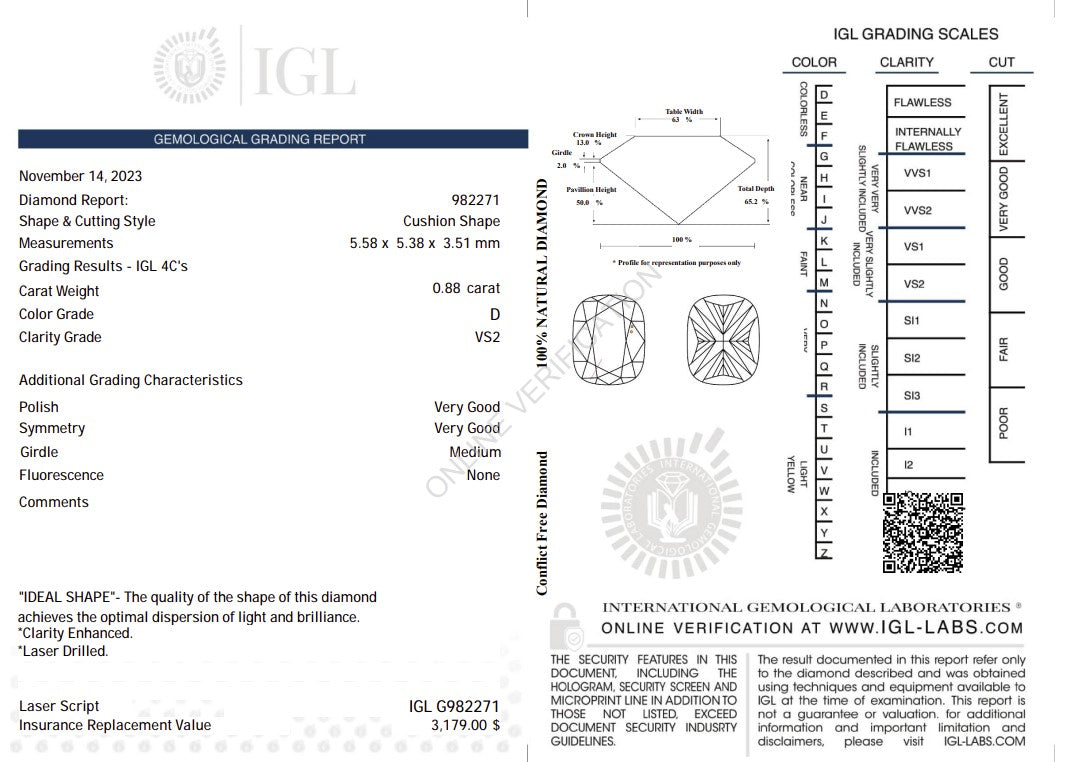 0.88 Carat Natural Cushion Diamond – D Color, VS2 Clarity | IGL Certified