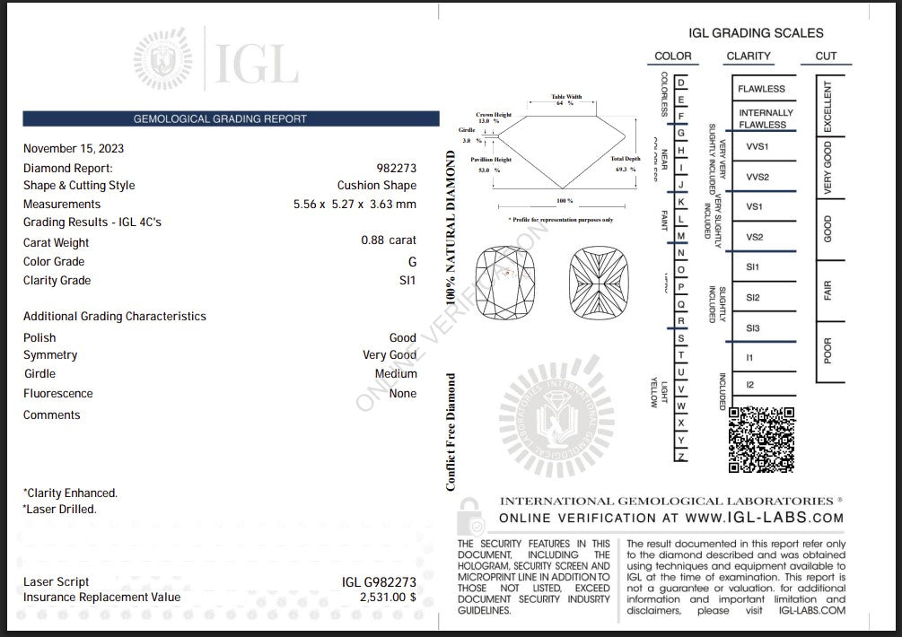 0.88 Carat Natural Cushion Diamond – G Color, SI1 Clarity | IGL Certified Secondary image