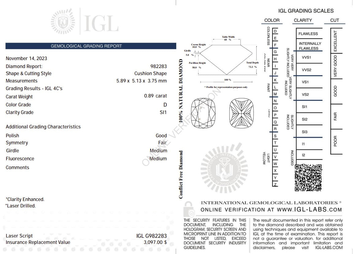 0.89 Carat Natural Cushion Diamond – D Color, SI1 Clarity | IGL Certified