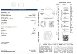 0.89 Carat Natural Cushion Diamond – D Color, SI1 Clarity | IGL Certified