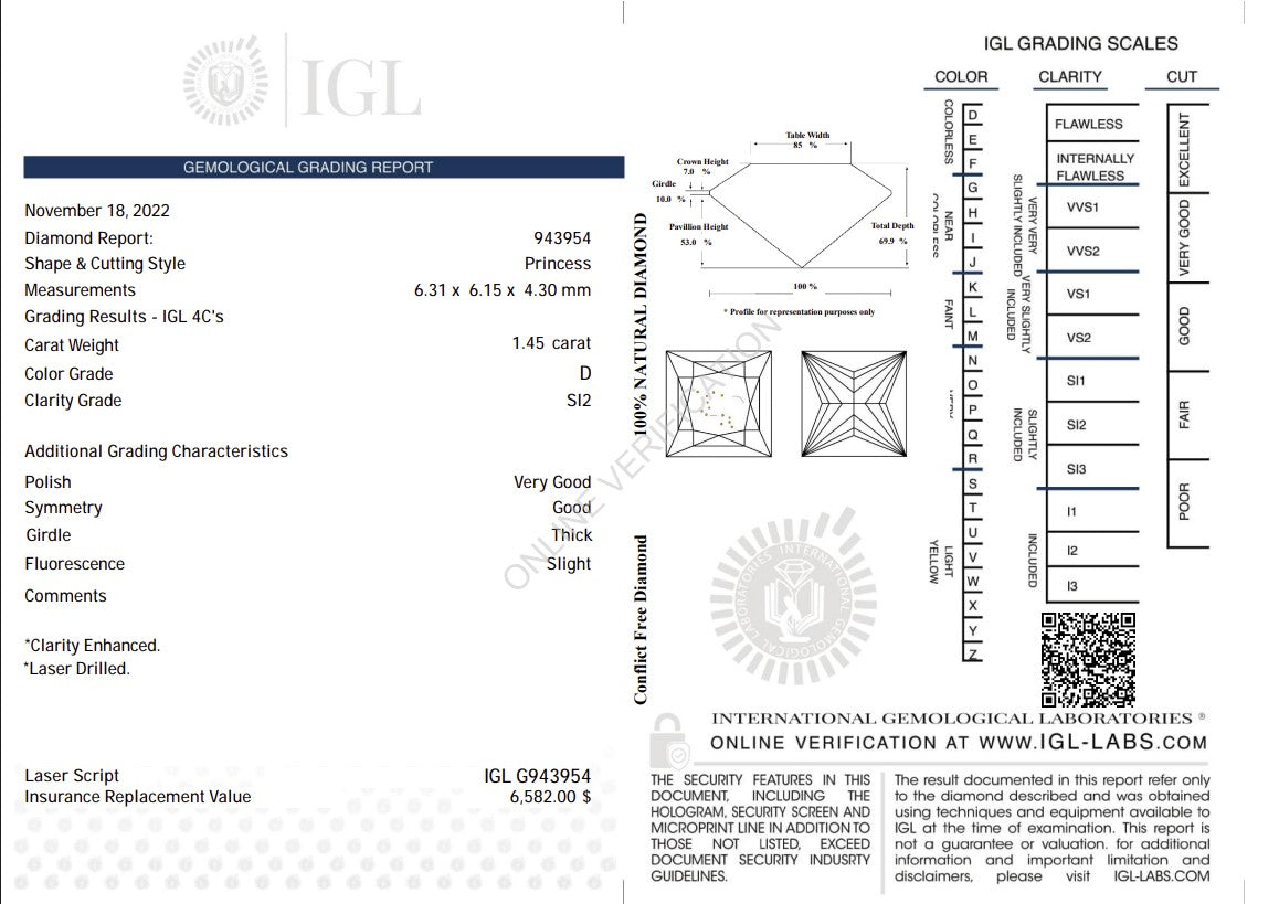 1.45 Carat Natural Princess-Cut Diamond – D Color, SI2 Clarity | IGL Certified