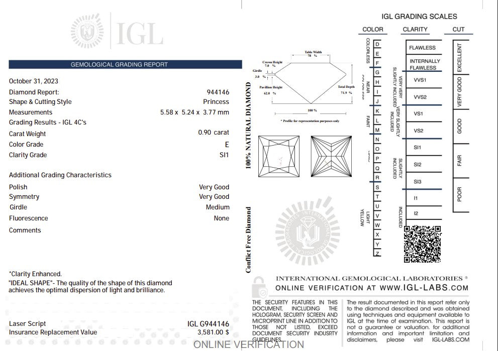 0.90 Carat Natural Princess-Cut Diamond – E Color, SI1 Clarity | IGL Certified