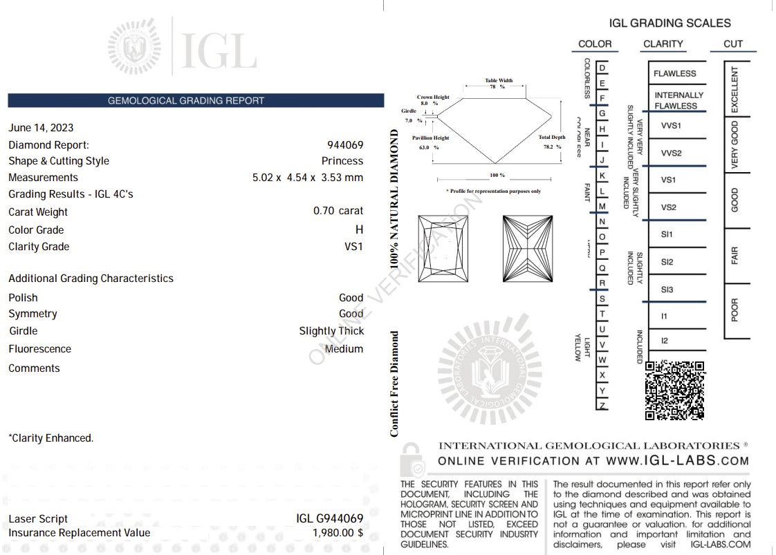 0.70 Carat Natural Princess-Cut Diamond – H Color, VS1 Clarity | IGL Certified