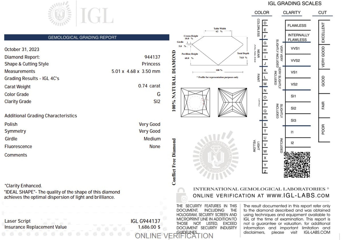 0.74 Carat Natural Princess-Cut Diamond – G Color, SI2 Clarity | IGL Certified