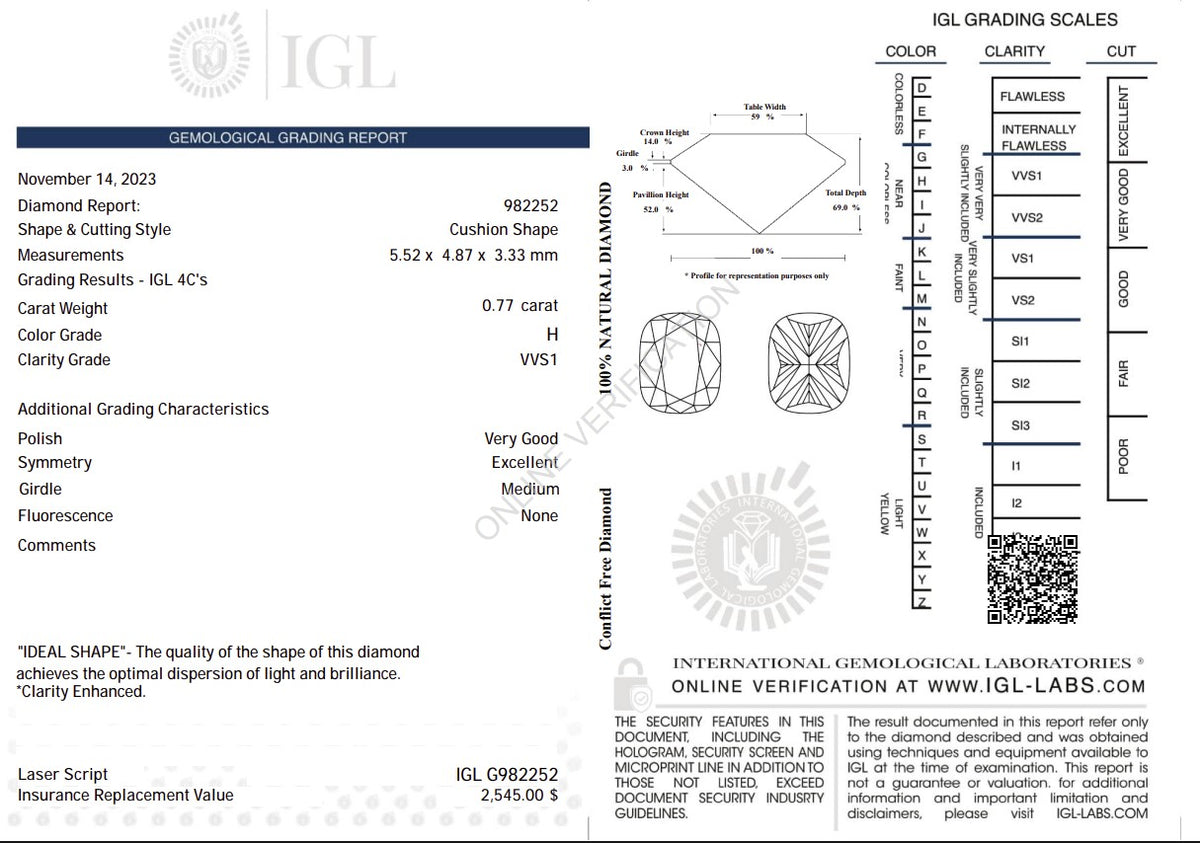 0.77 Carat Natural Cushion-Cut Diamond – H Color, VVS1 Clarity | IGL Certified