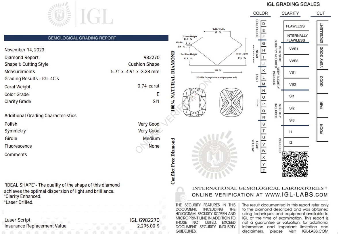 0.74 Carat Natural Cushion-Cut Diamond – E Color, SI1 Clarity | IGL Certified
