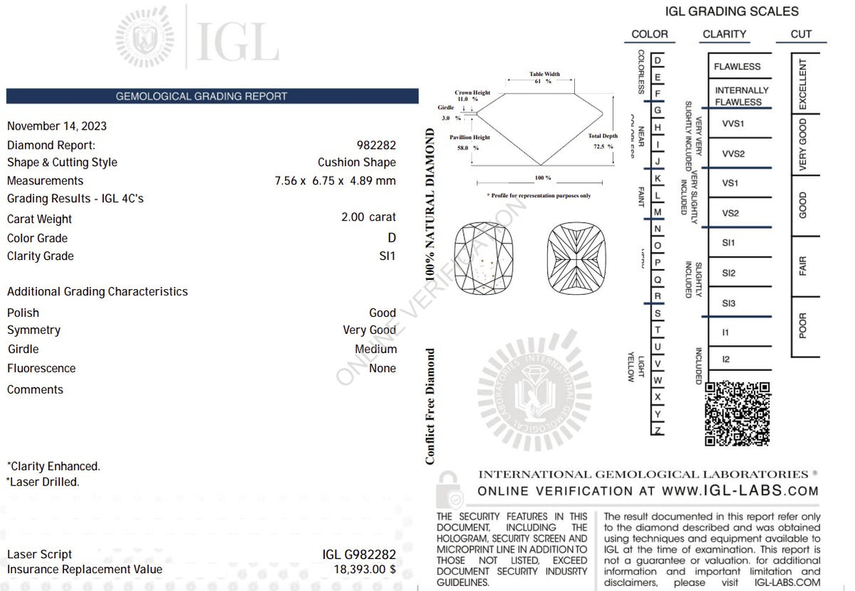 2.00 Carat Natural Cushion-Cut Diamond – D Color, SI1 Clarity | IGL Certified