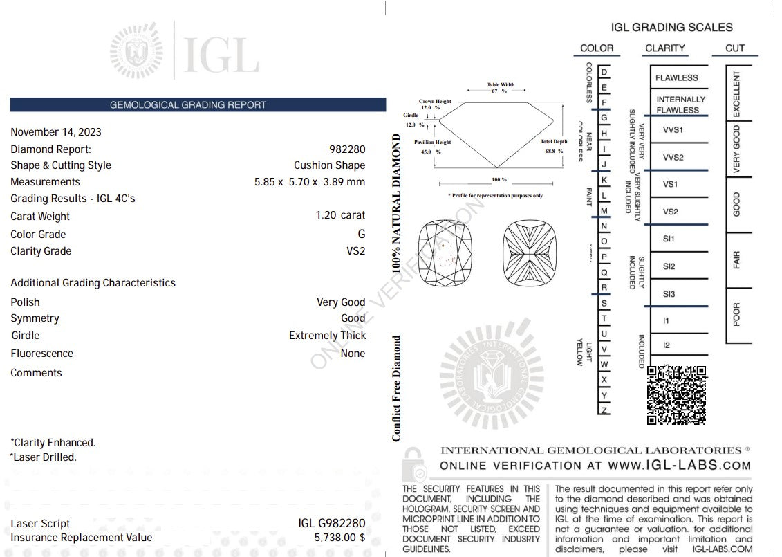 1.20 Carat Natural Cushion-Cut Diamond – G Color, VS2 Clarity | IGL Certified Secondary image